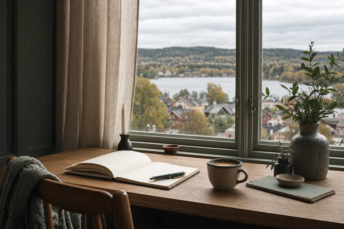Skrivplats med anteckningsblock och utsikt över Karlskoga