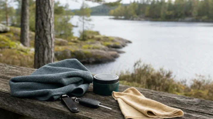 Stilleben med bilnyckel och bilvård