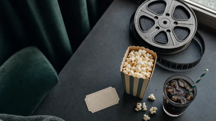 Stilleben med biobiljett och popcorn
